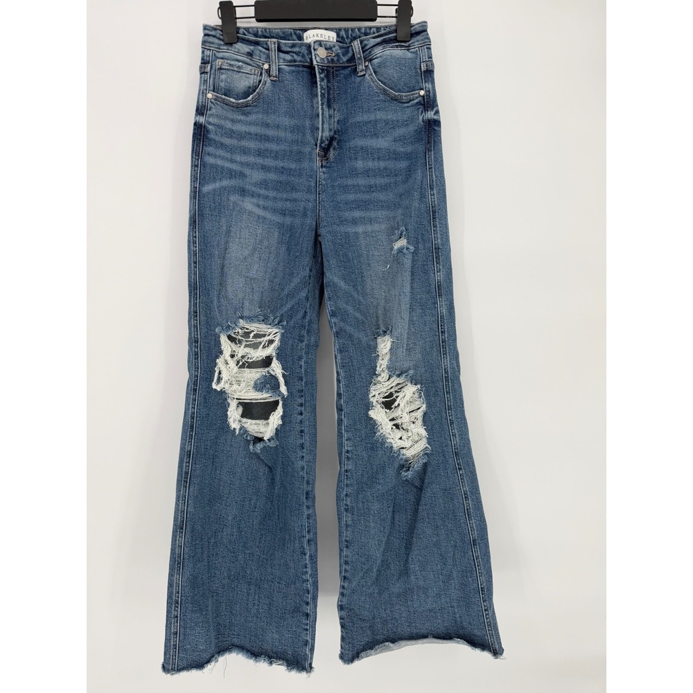 BLAKELY Womens Size 13 Blue Distressed Wide Leg Jeans Cropped Raw‎ Hem